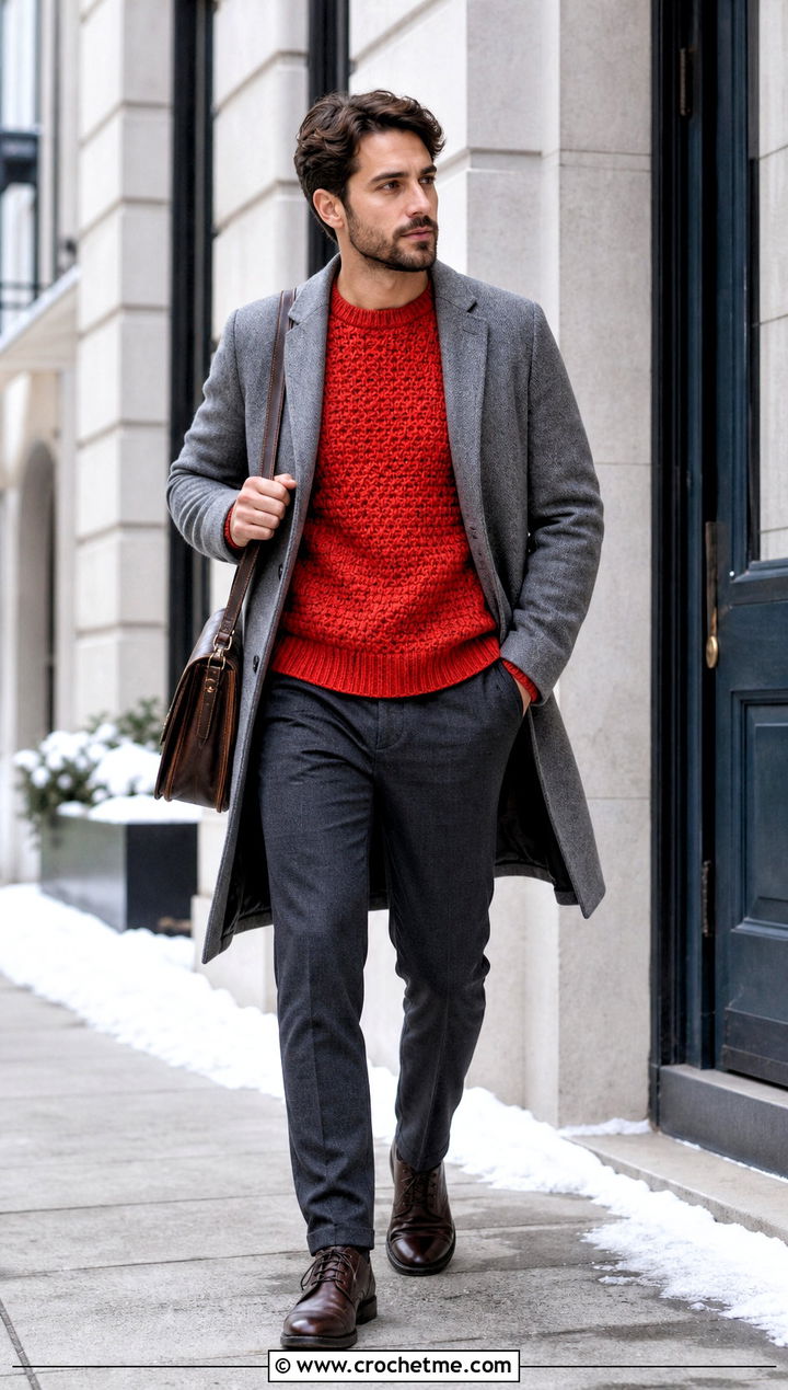 Crochet Alpine Stitch Sweater With Flannel Trousers - 30 Easy Crochet Mens Sweater outfit ideas