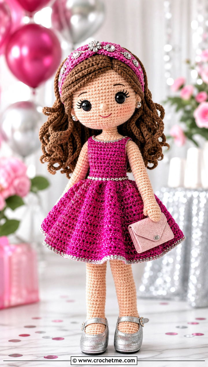 Crochet Amigurumi Party Dress With Jeweled Headband - 25 Crochet Amigurumi Doll Clothes and outfit ideas