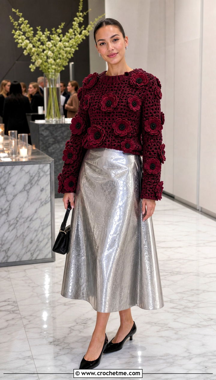 Crochet Anemone Sweater With Silver Midi Skirt - 30 crochet flowers on sweater outfit ideas