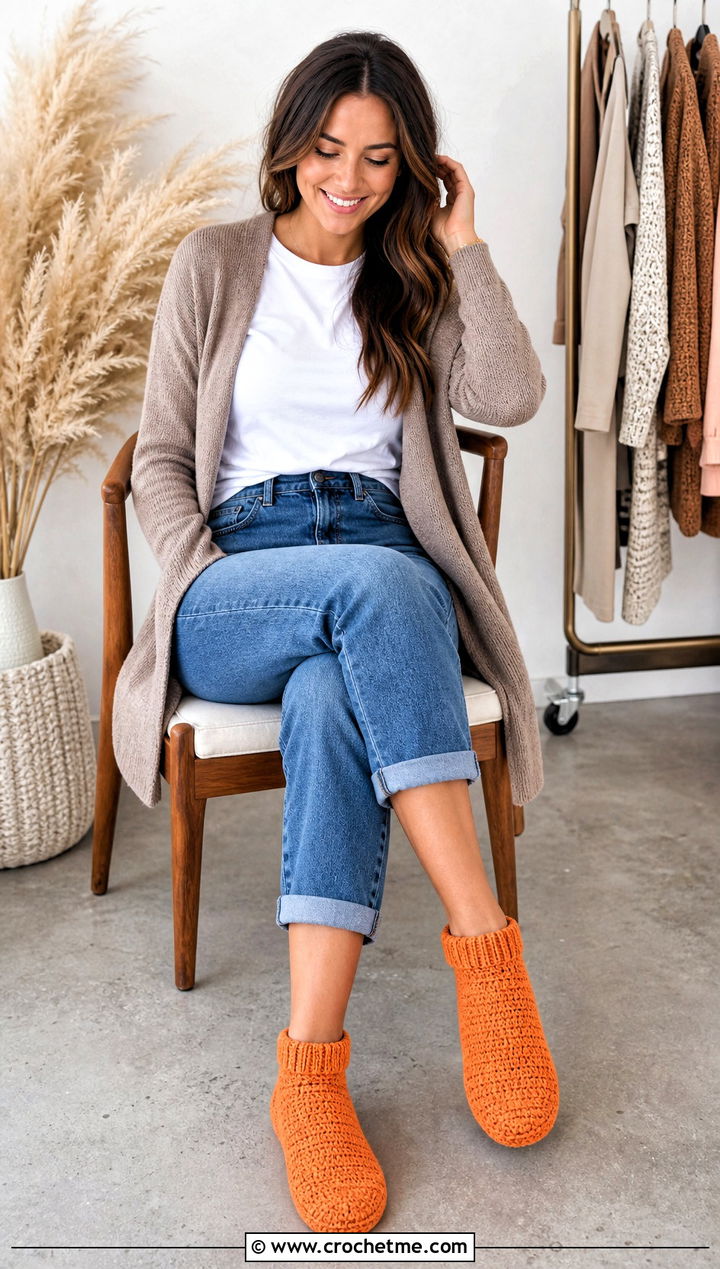 Crochet Ankle Bootie House Shoes With Straight Leg Jeans - 25 crochet house shoes outfit ideas