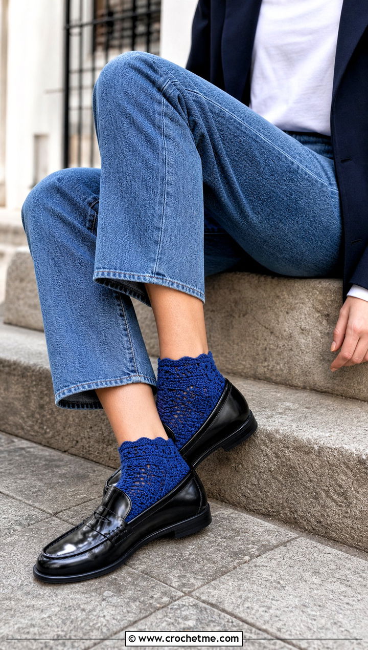 Crochet Ankle Socks With Straight Leg Jeans And Loafers - 25 Quick Crochet Socks outfit ideas