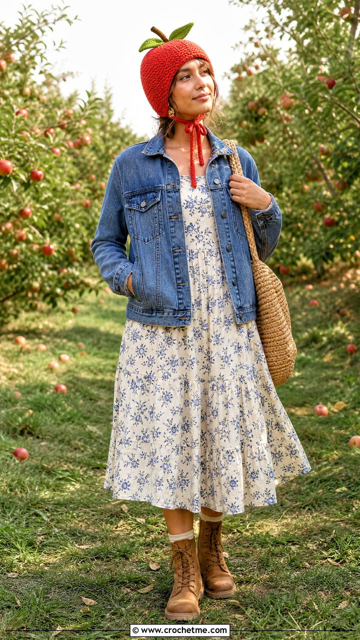 Crochet Apple Bonnet With Cottagecore Dress - 35 crochet apple hat outfit ideas