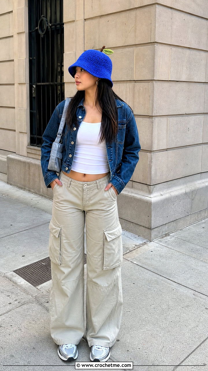 Crochet Apple Bucket Hat With Cargo Pants - 35 crochet apple hat outfit ideas