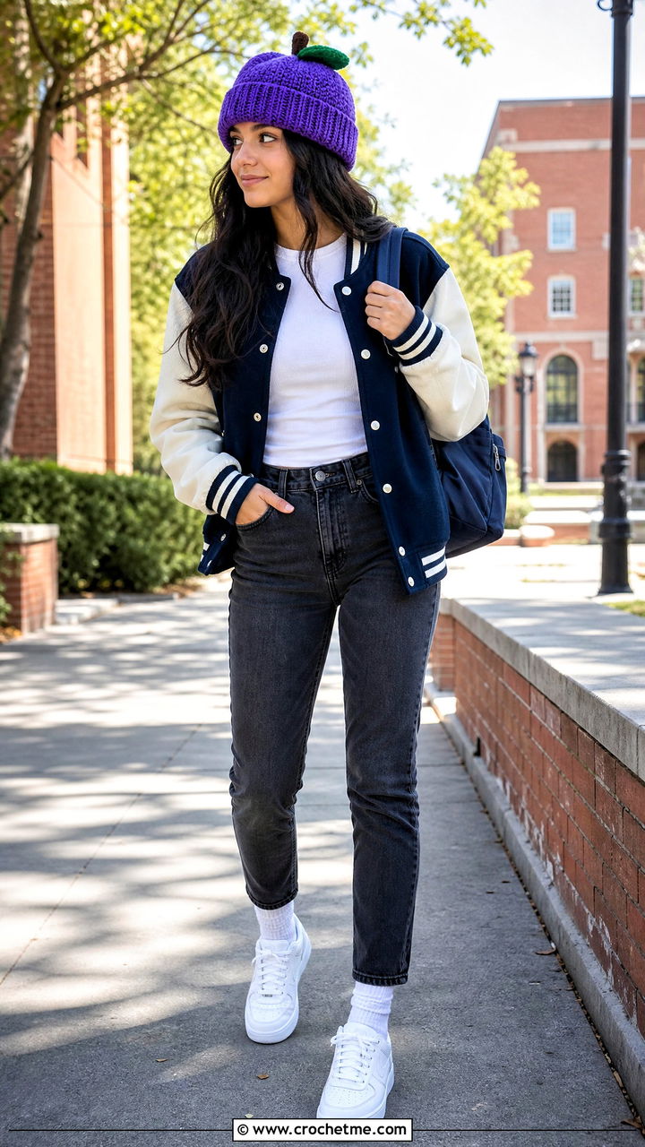Crochet Apple Cuffed Beanie With Varsity Jacket - 35 crochet apple hat outfit ideas