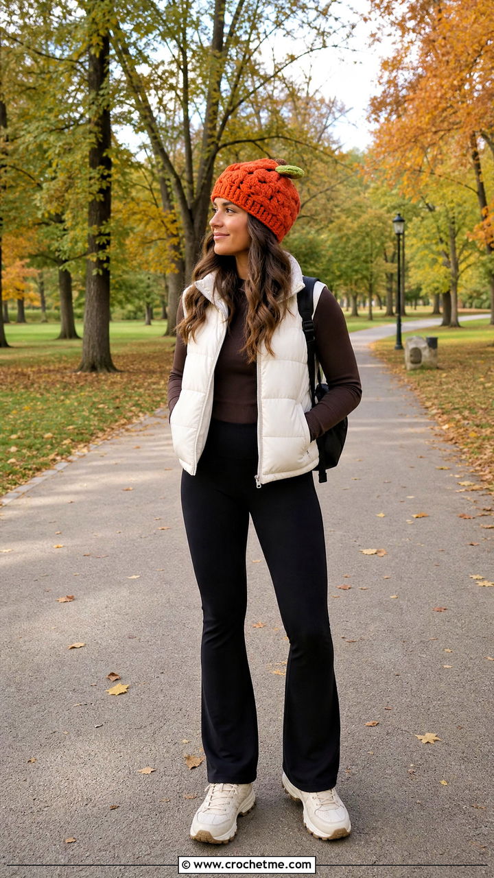 Crochet Apple Puff Stitch Hat With Puffer Vest - 35 crochet apple hat outfit ideas
