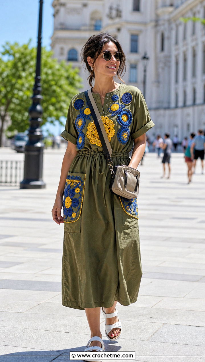 Crochet Applique Cargo Midi Dress With Sporty Sandals - 25 fabric and crochet dress outfit ideas