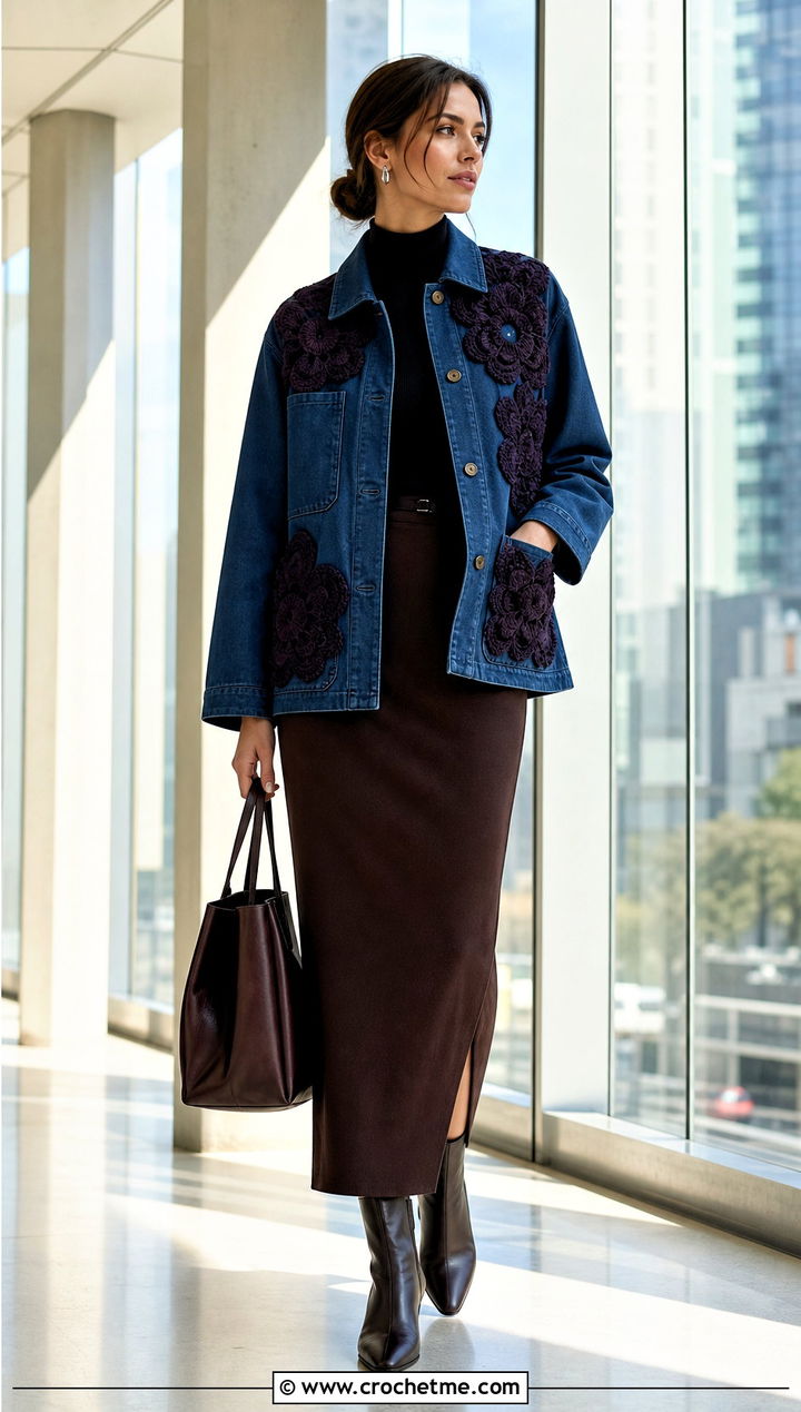 Crochet Applique Denim Chore Jacket With Column Skirt - 30 crochet denim jacket outfit ideas