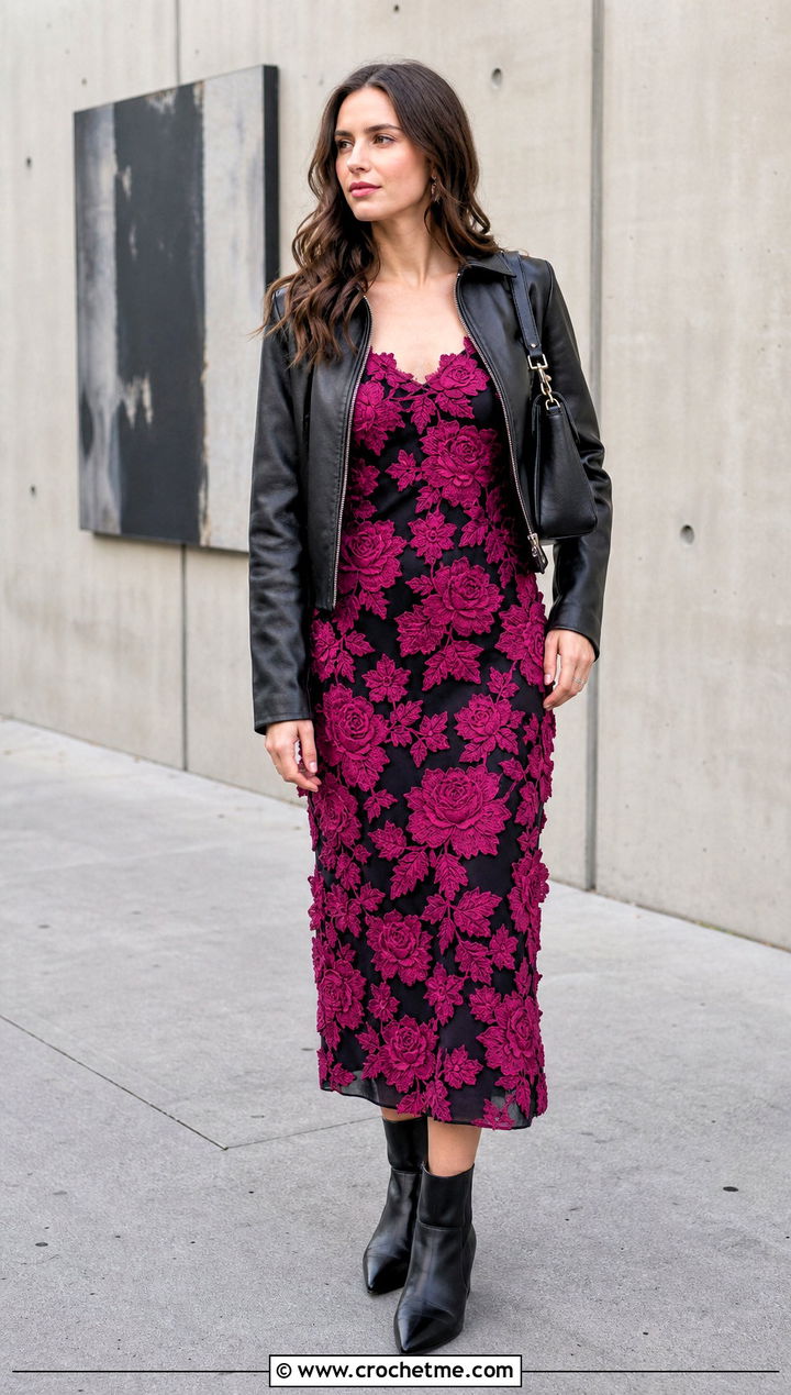 Crochet Applique Slip Dress With Leather Jacket - 15 Crochet Clothes With Fabric outfit ideas