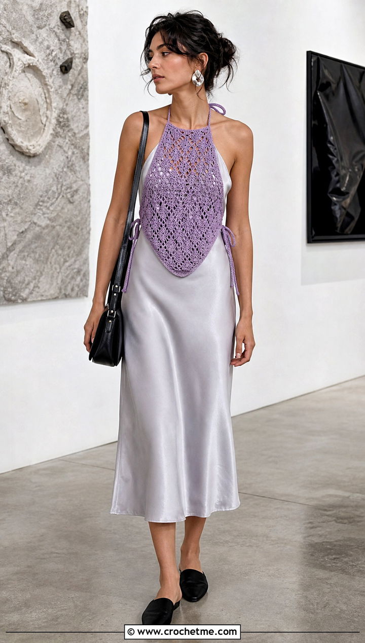 Crochet Apron Tie Top Over A Slip Dress - 25 Crochet Top With Ties outfit ideas