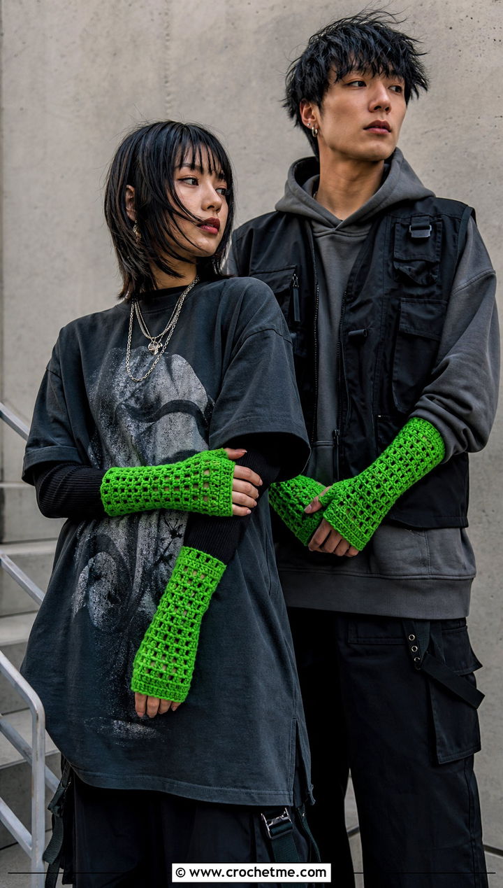 Crochet Arm Warmer Gloves With Streetwear - 25 Crochet Gloves For Couples outfit ideas