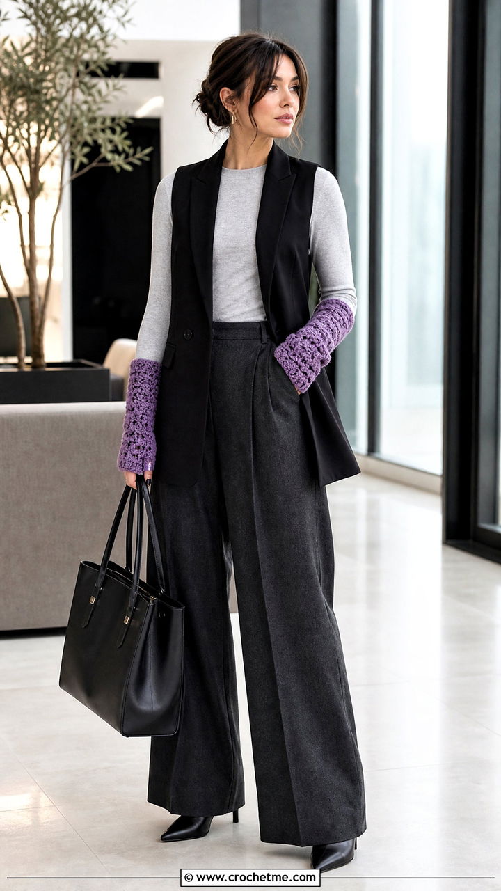 Crochet Arm Warmers With Sleeveless Blazer - 35 crochet winter clothes and outfit ideas