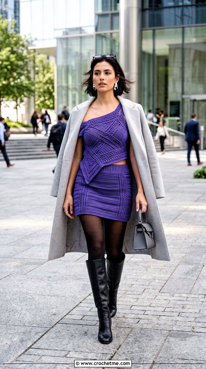 Crochet Asymmetric Top And Mini Skirt With Tall Boots - 35 crochet two piece outfit ideas
