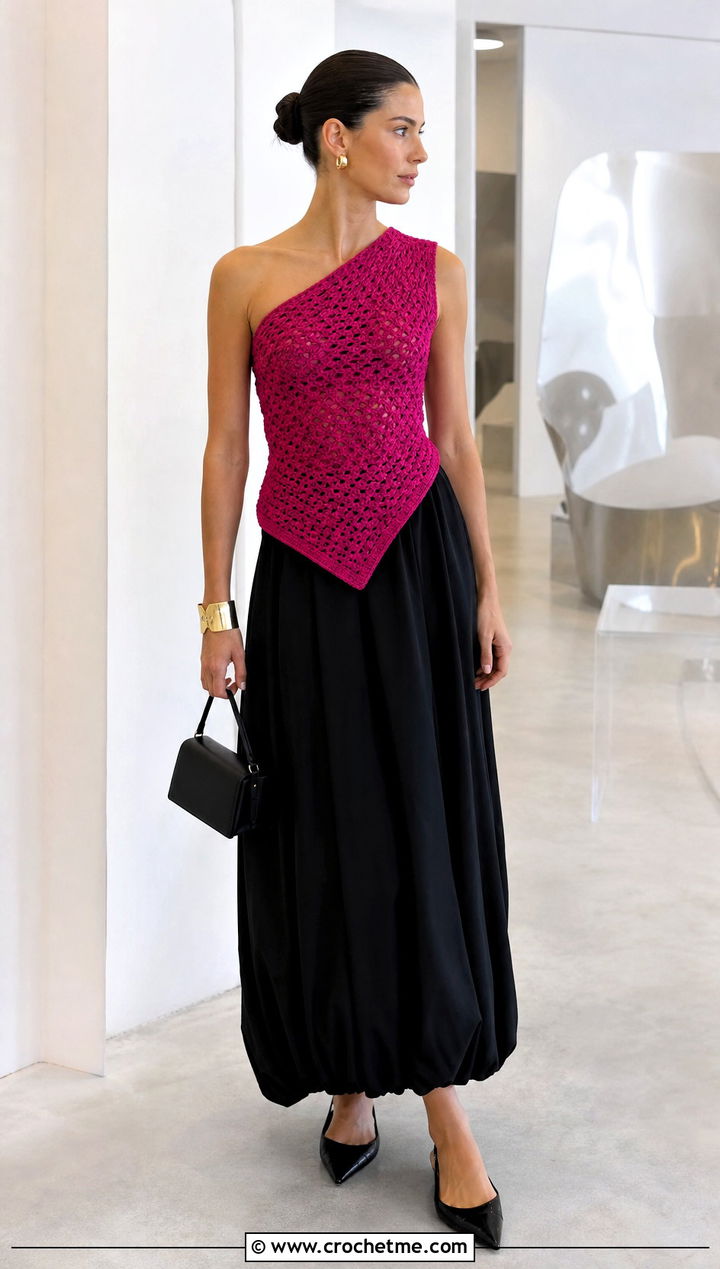 Crochet Asymmetrical Top With Bubble Hem Maxi Skirt - 30 crochet top and long skirt outfit ideas