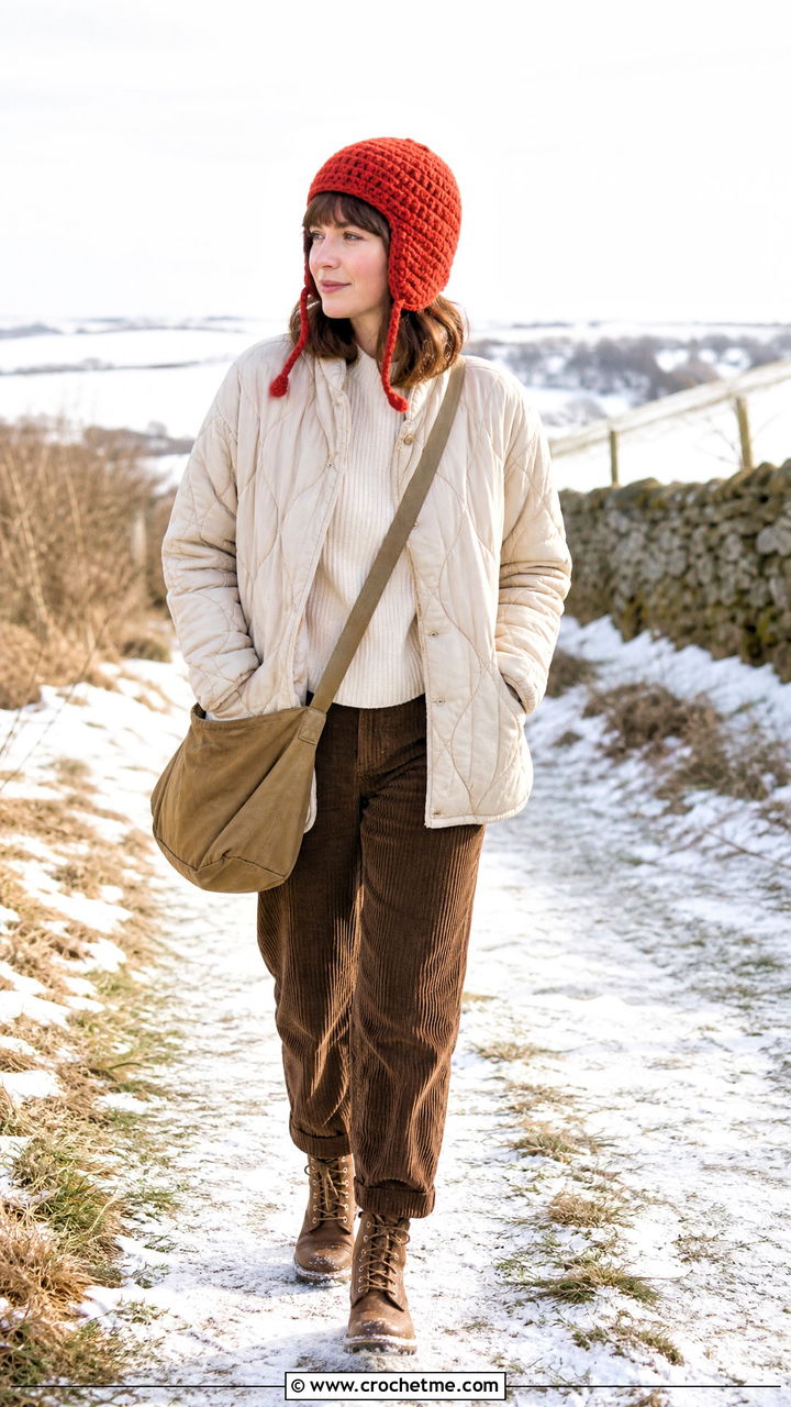 Crochet Aviator Cap With Quilted Jacket - 35 crochet cap outfit ideas