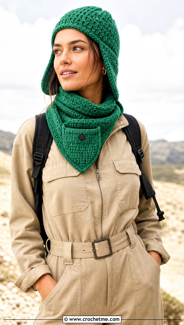 Crochet Aviator Hat And Pocket Scarf With Utility Jumpsuit - 25 crochet hat scarf outfit ideas