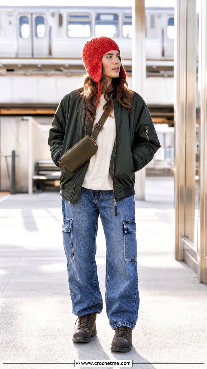 Crochet Aviator Hat With Flight Jacket And Cargo Jeans - 35 crochet winter hat outfit ideas