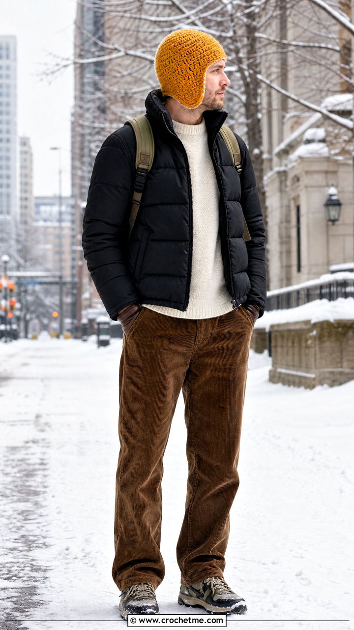 Crochet Aviator Hat With Puffer Jacket And Corduroy Trousers - 35 crochet hat men outfit ideas