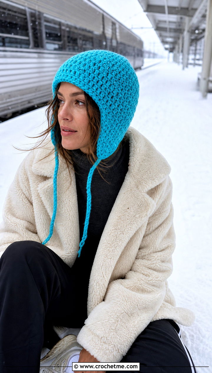 Crochet Aviator Hat With Shearling Coat And Track Pants - 30 easy crochet winter hat outfit ideas