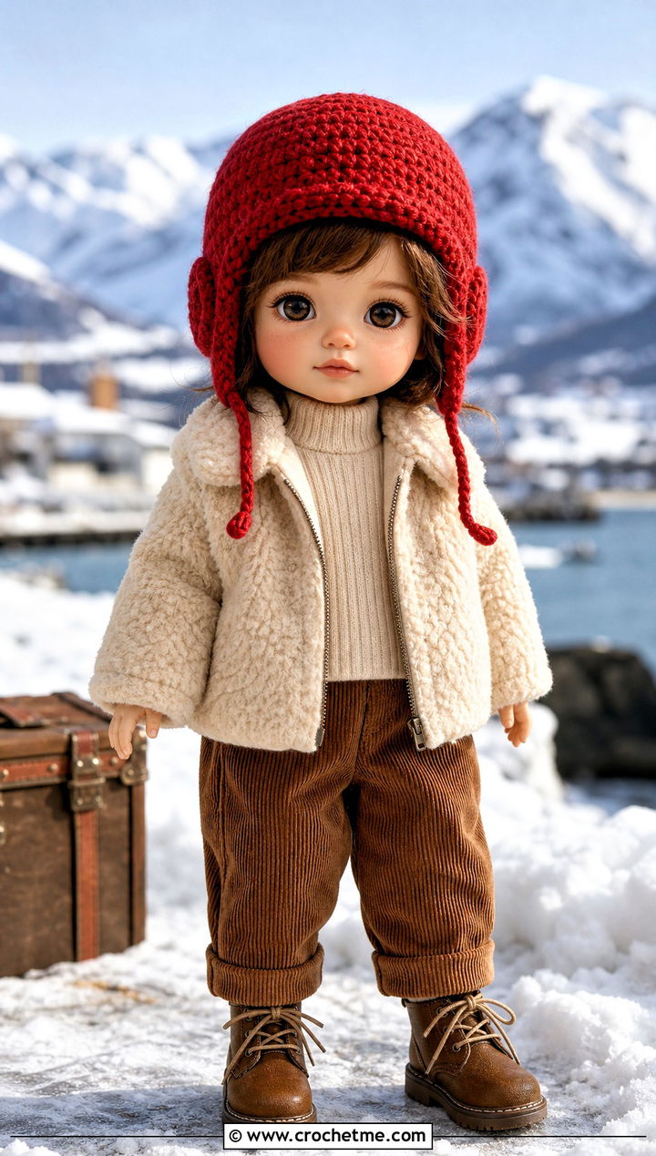 Crochet Aviator Hat With Shearling Jacket And Corduroy Pants - 35 crochet hat for doll outfit ideas