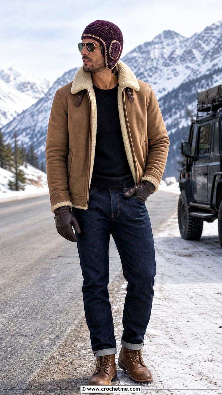 Crochet Aviator Hat With Shearling Jacket And Dark Denim - 35 crochet hat for men outfit ideas