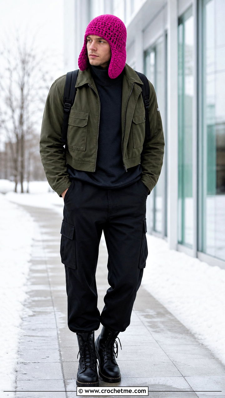 Crochet Aviator Hat With Utility Jacket - 35 mens crochet hat outfit ideas