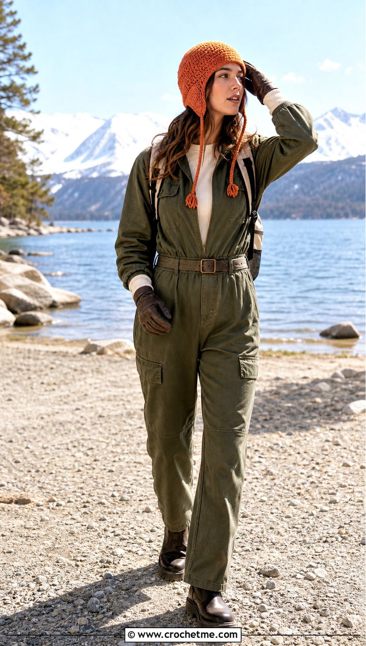 Crochet Aviator Hat With Utility Jumpsuit - 35 crocheted hats outfit ideas