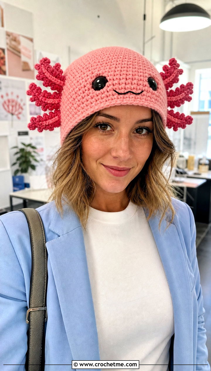 Crochet Axolotl Amigurumi Hat With Pastel Workwear - 30 crochet amigurumi hat outfit ideas