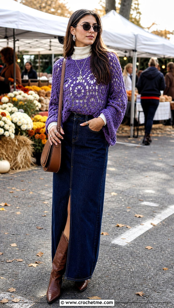 Crochet Azel Pullover With Denim Maxi Skirt - 15 Crochet Azel Pullover outfit ideas