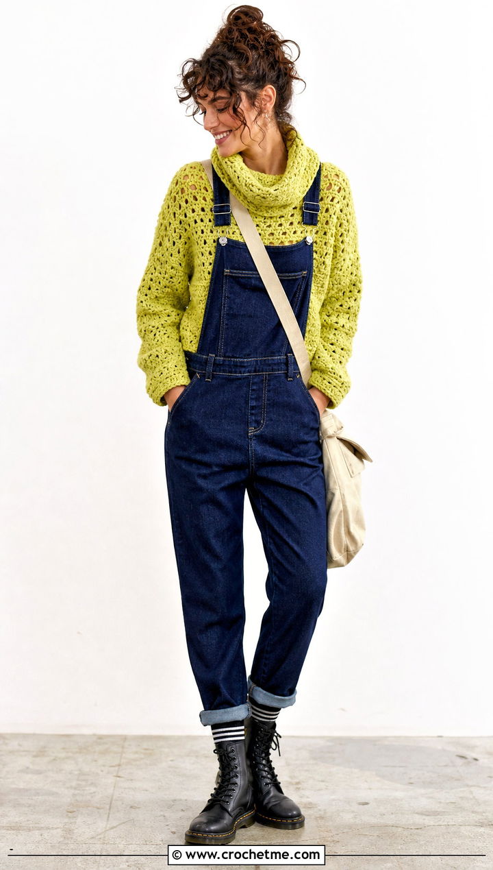 Crochet Azel Pullover With Denim Overalls - 15 Crochet Azel Pullover outfit ideas