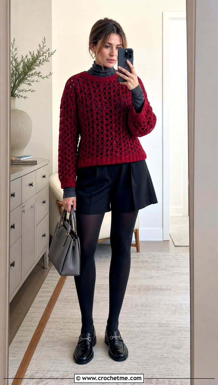 Crochet Azel Pullover With Tailored Shorts And Tights - 15 Crochet Azel Pullover outfit ideas