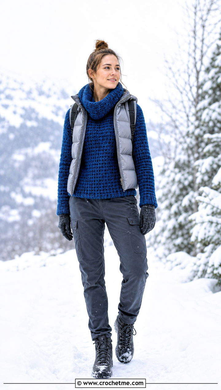 Crochet Azel Pullover With Utility Pants And Puffer Vest - 15 Crochet Azel Pullover outfit ideas