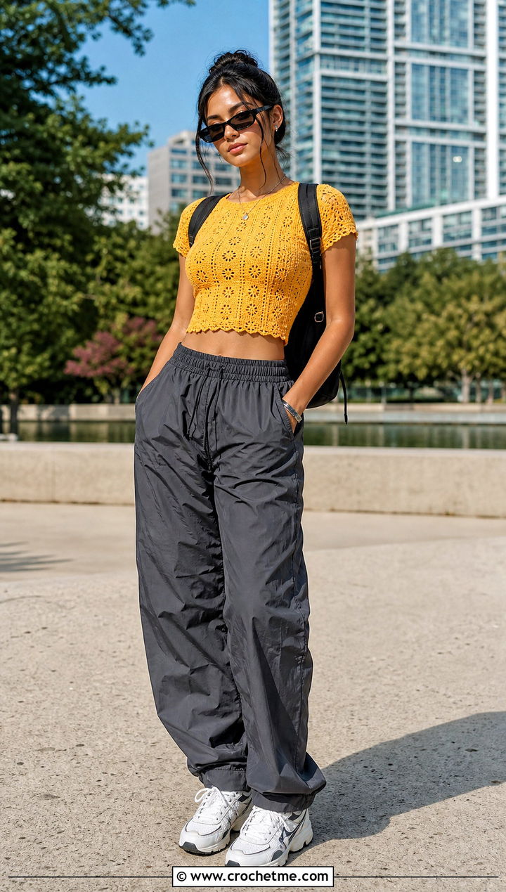 Crochet Baby Tee With Parachute Pants - 35 cute crochet tops summer outfits ideas