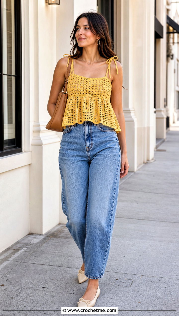 Crochet Babydoll Top With Barrel Jeans - 25 crochet women clothes and outfit ideas