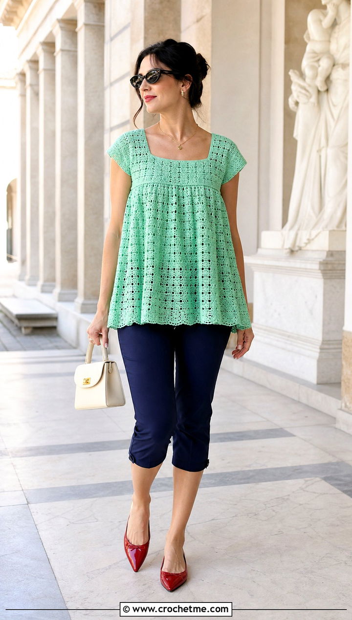 Crochet Babydoll Top With Capri Pants - 35 aesthetic crochet summer tops outfit ideas