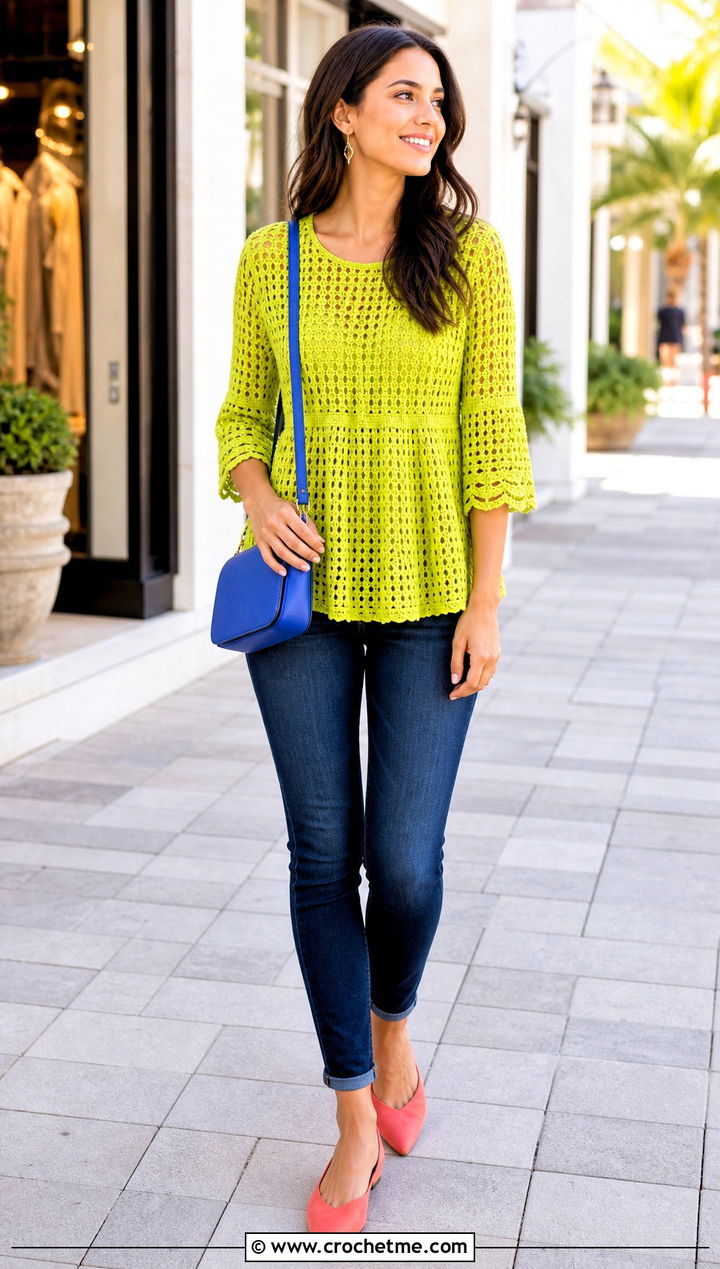 Crochet Babydoll Top With Slim Ankle Jeans - 35 crochet womens tops outfit ideas