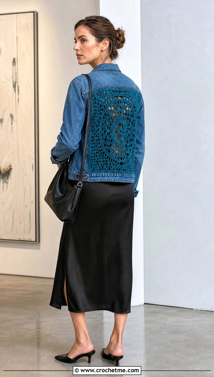 Crochet Back Panel Denim Jacket With Black Slip Dress - 30 crochet denim jacket outfit ideas