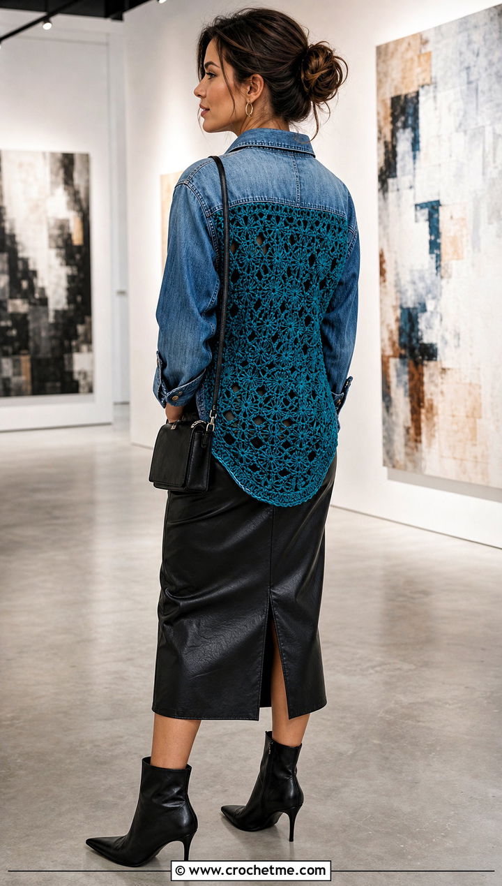 Crochet Back Panel Upcycled Denim Shirt With Leather Midi Skirt - 20 Upcycle Shirt With Crochet outfit ideas