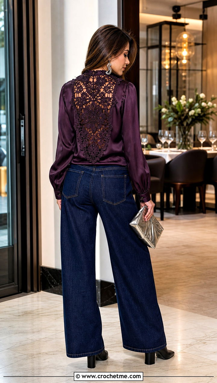 Crochet Back Satin Blouse With Wide Leg Jeans - 30 crochet and fabric top outfit ideas