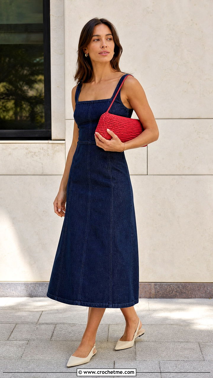 Crochet Baguette Bag With Denim Midi Dress - 35 crochet bag outfit ideas