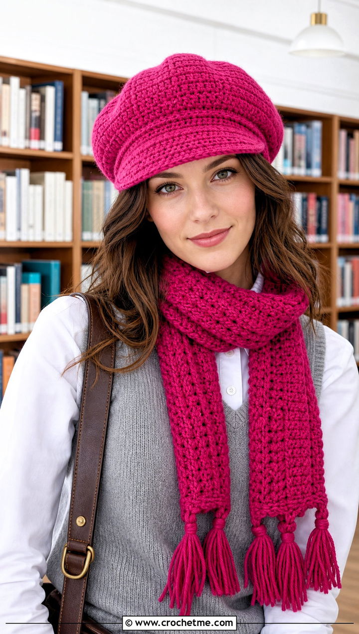 Crochet Baker Boy Cap And Tassel Scarf With Sweater Vest - 25 crochet scarf hat combo outfit ideas