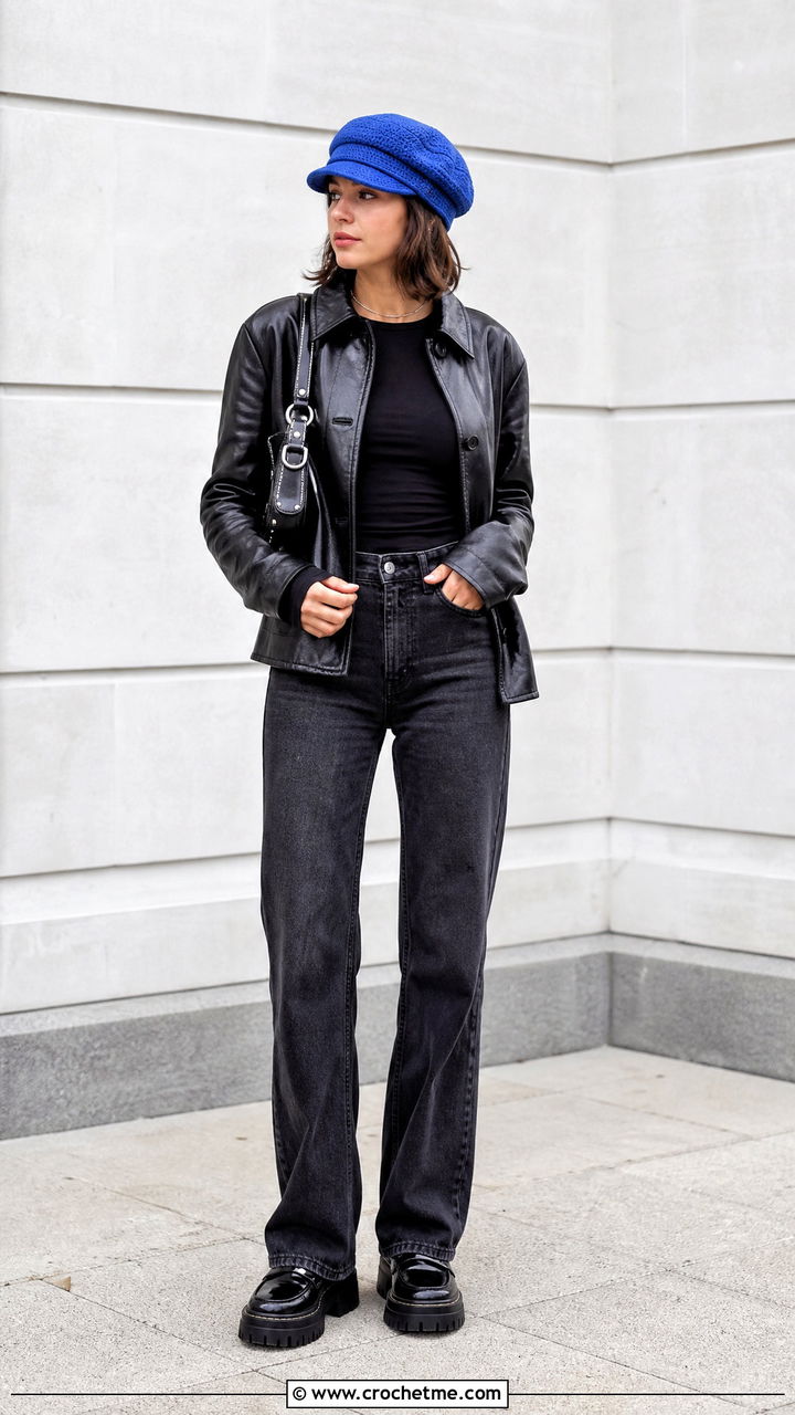 Crochet Baker Boy Cap With Leather Jacket And Black Jeans - 35 crochet caps outfit ideas