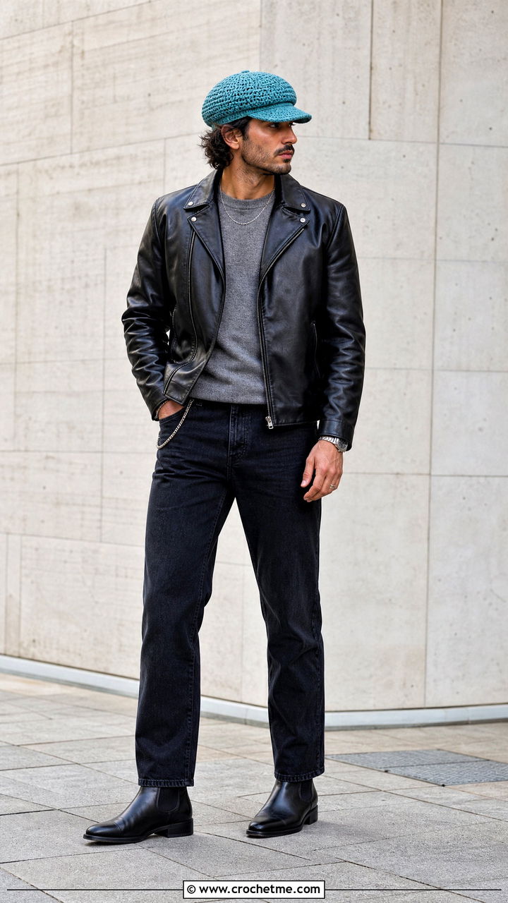 Crochet Baker Boy Cap With Leather Jacket - 35 crochet cap for men outfit ideas