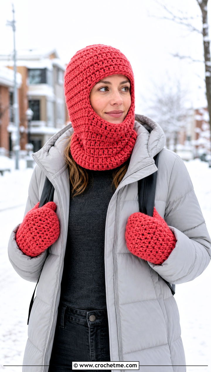 Crochet Balaclava And Chunky Mittens With Puffer Coat - 15 Crochet Hat And Gloves outfit ideas