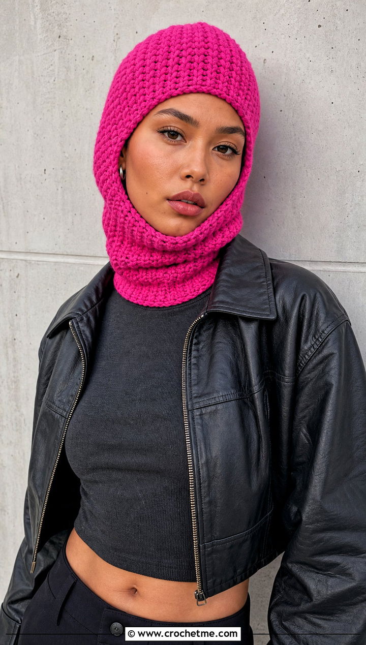 Crochet Balaclava Cowl Hat With Leather Jacket - 25 crochet cowl hat outfit ideas