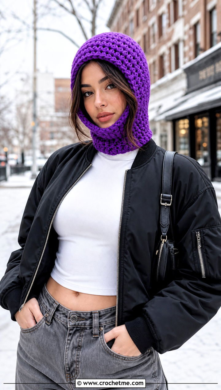 Crochet Balaclava Hat With Face Framing Pieces And Bomber Jacket - 30 crochet hat with hair outfit ideas