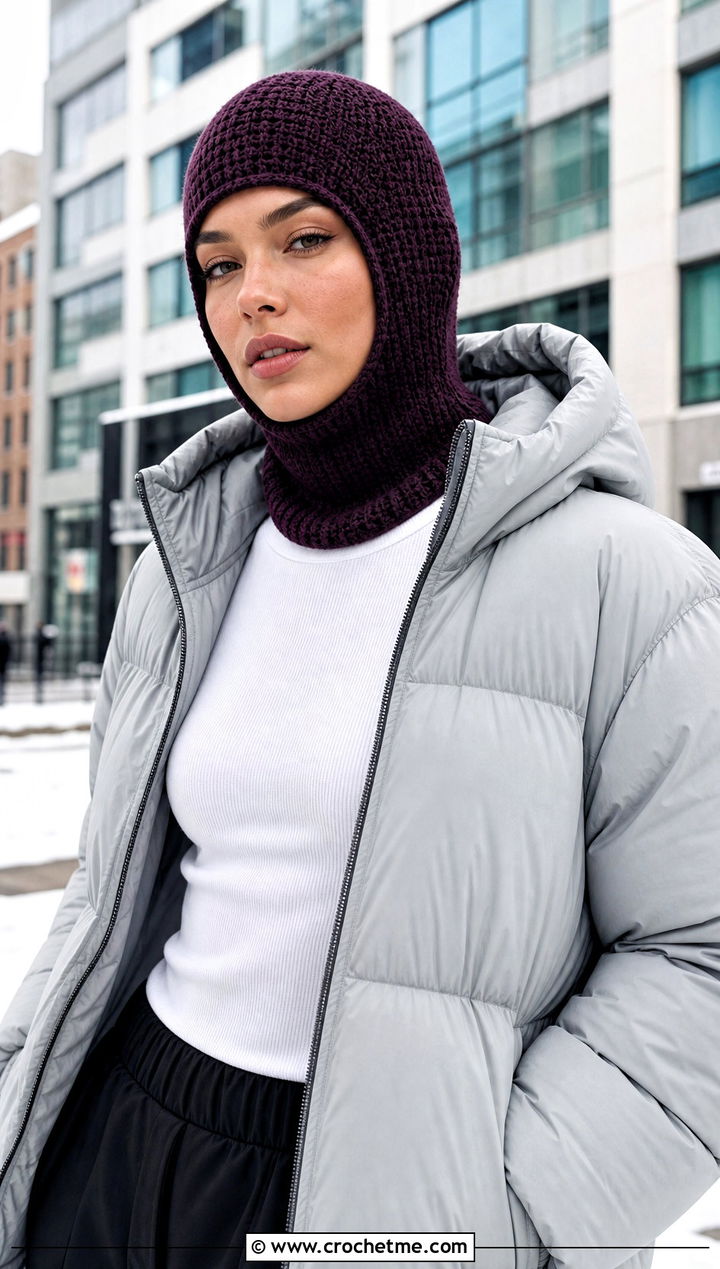 Crochet Balaclava Hat With Long Puffer and Track Pants - 15 Crochet Warm Winter Hat outfit ideas