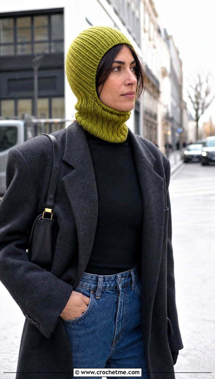 Crochet Balaclava Hat With Oversized Blazer And Jeans - 25 winter crochet hat for women outfit ideas