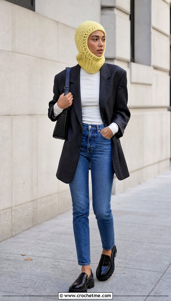 Crochet Balaclava Hat With Oversized Blazer - 35 fun crochet hats outfit ideas