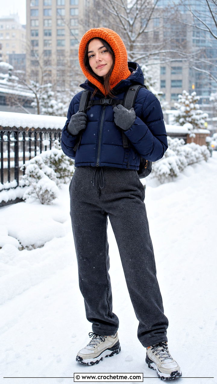 Crochet Balaclava Hat With Puffer Jacket - 35 easy crochet hat outfit ideas