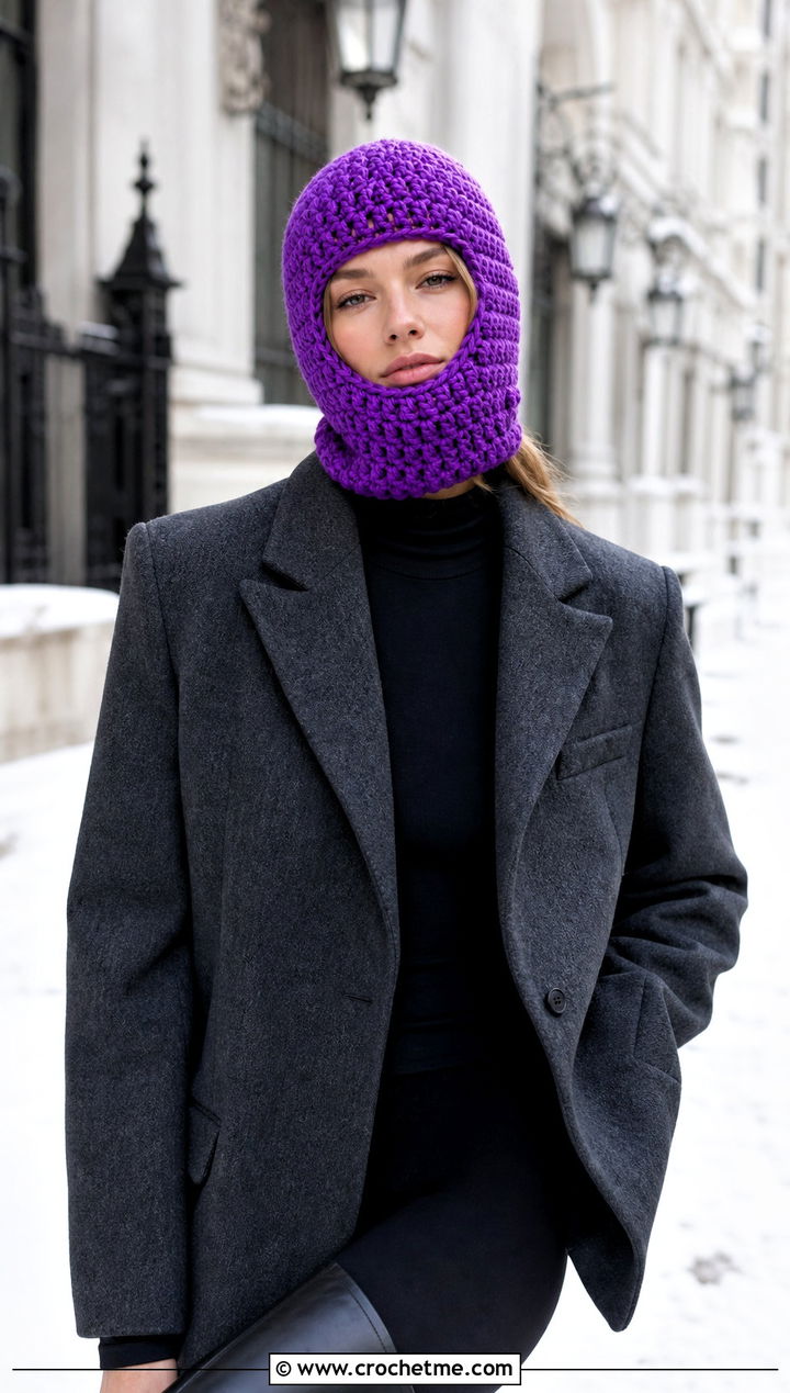 Crochet Balaclava Hat With Tailored Coat And Stirrup Leggings - 30 easy crochet winter hat outfit ideas